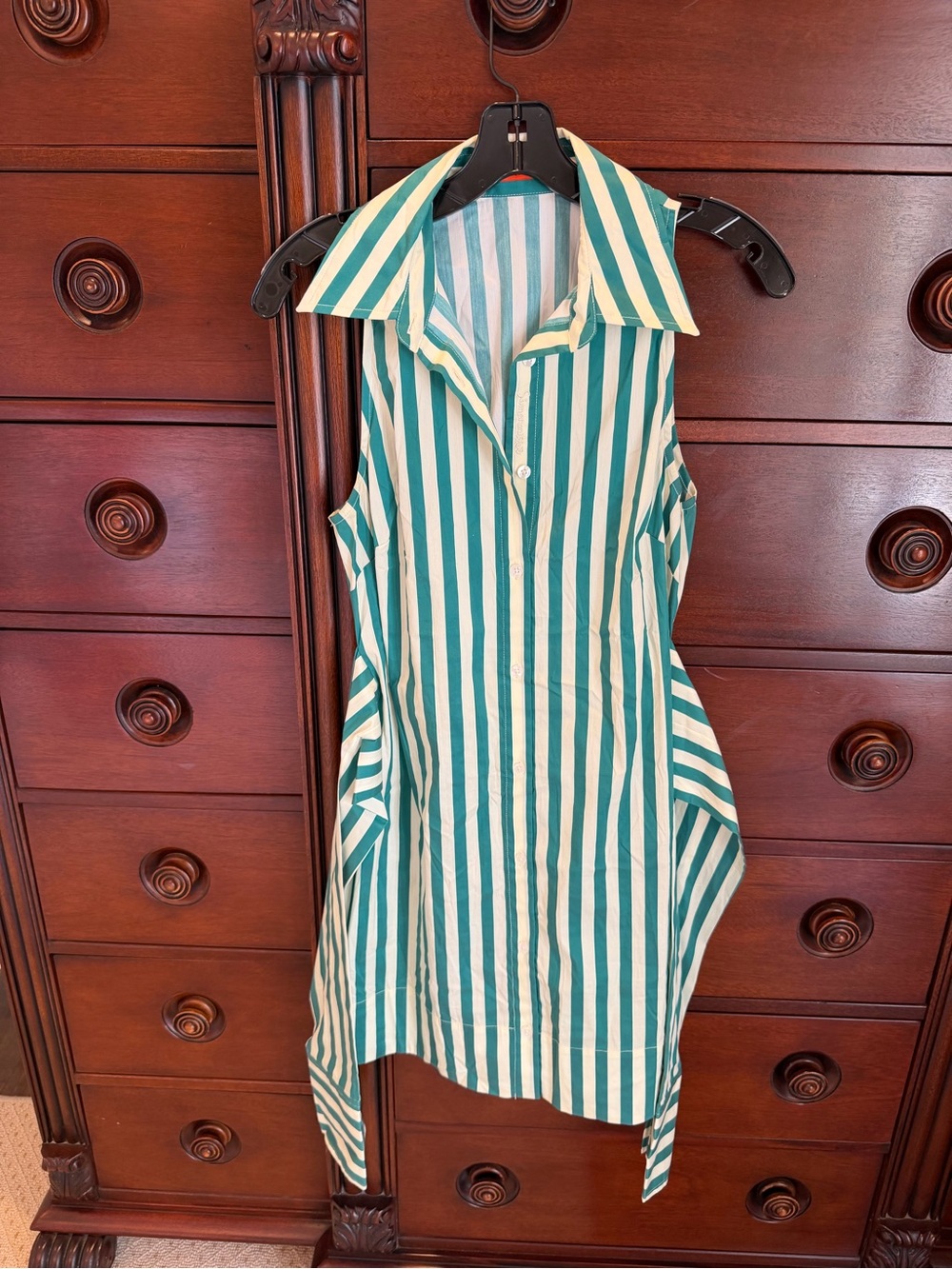 Simon Miller Green and White Vertical Stripe Sleeveless Shirt Dress